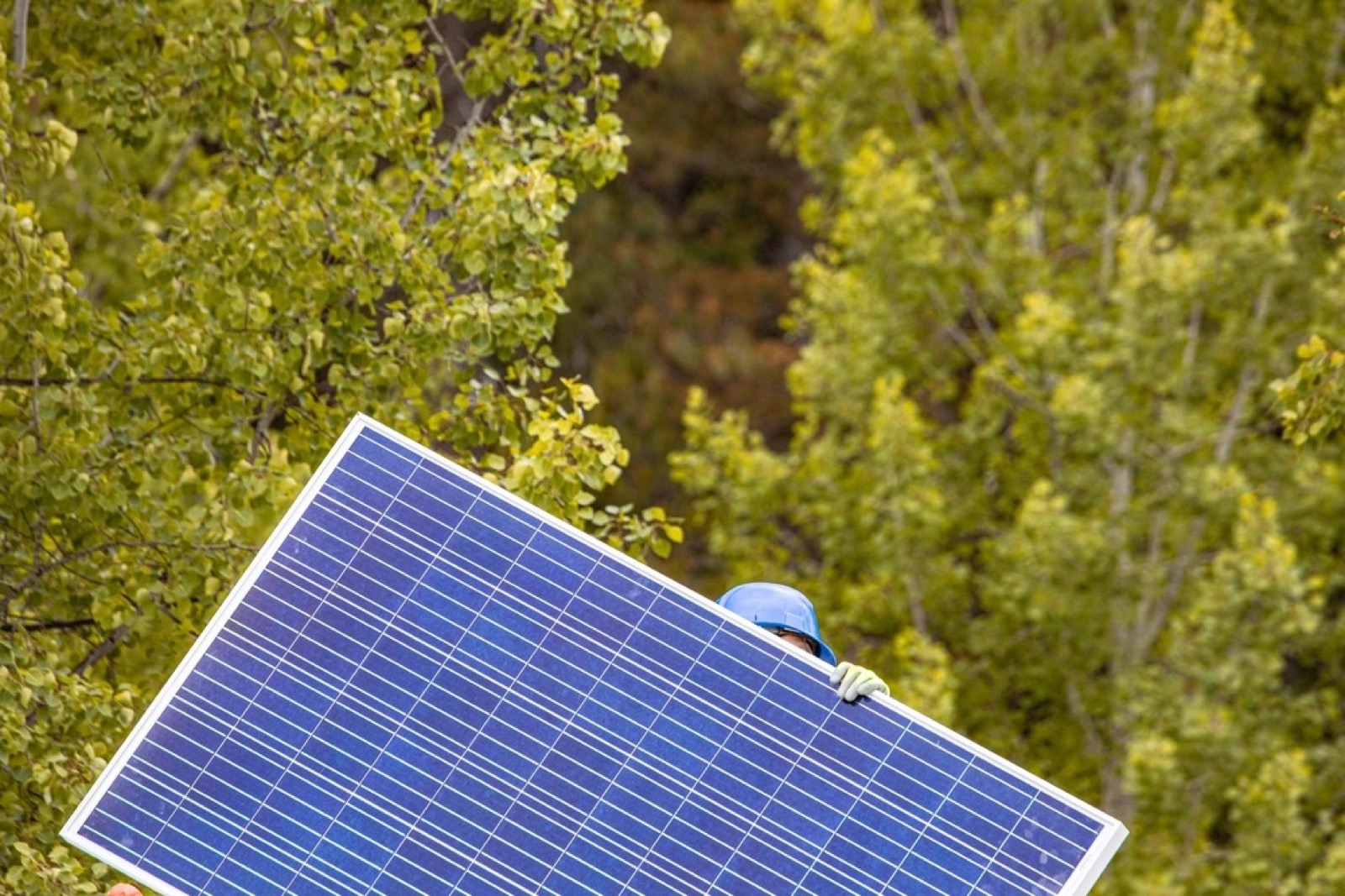Técnico dando mantenimiento y revisando paneles solares en un techo